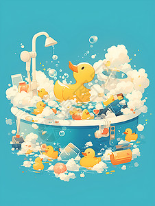 鸭煲澡盆里一个橡皮鸭静静地漂浮着插画