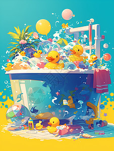 游泳玩具玩具盛满的浴缸插画