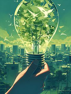 城市发光未来的绿色能量灯泡插画