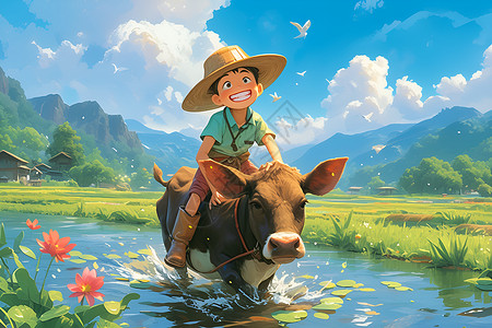 小男孩骑牛过河插画