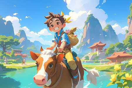 骑着铅笔的男孩少年骑着牛儿插画