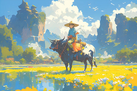骑牛少年少年骑牛在草地上插画