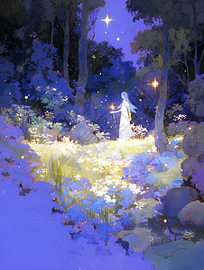 精灵人物素材星光花园中的蓝发仙女插画