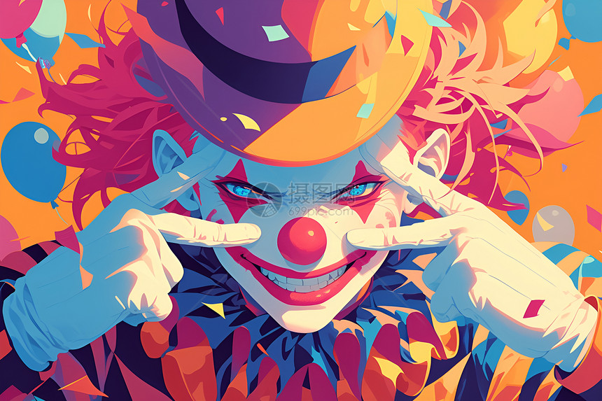 欢乐狂想色彩斑斓的小丑站在五彩纸屑中图片