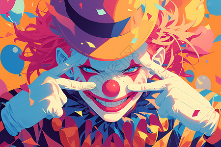 狂想购欢乐狂想色彩斑斓的小丑站在五彩纸屑中插画