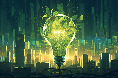 绿色节能环保城市里一盏绿色能量灯泡插画