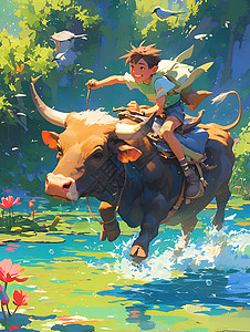 骑牛少年少年骑牛过江的插画插画