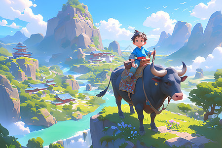 小男孩骑着牛在山水如画的背景下高清图片