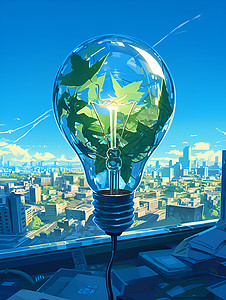 生态绿城市里一盏绿能灯泡插画