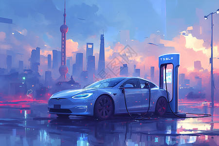 城市背景下的充电汽车背景图片