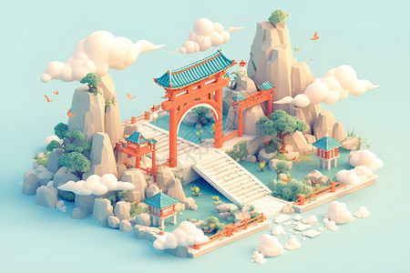 中国风岛屿上的梦幻云海背景图片