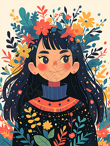 美丽的色彩植物背景上的女孩插画