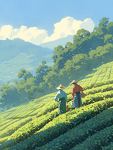 茶叶种植基地宁静的茶园里的采茶人插画