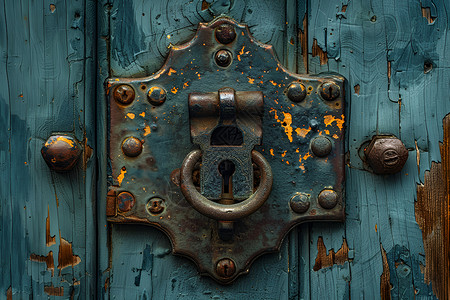 古铜锁木门与传统的门锁插画