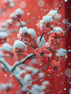 一枝美丽的花红墙白雪一枝梅花插画