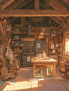 木屋装修木质家具的小屋插画