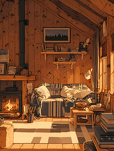 木艺家居温暖小木屋中的宜人安排插画