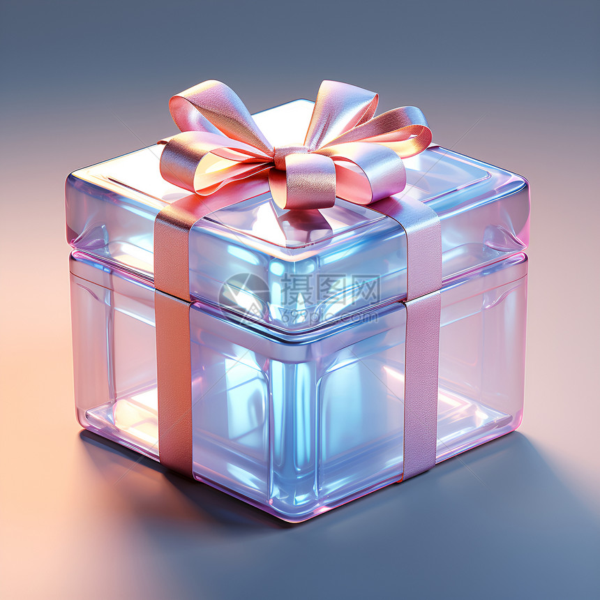 蓝色盒子上有粉色丝带和蝴蝶结的光泽礼物图片