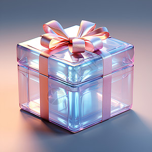 蓝色盒子上有粉色丝带和蝴蝶结的光泽礼物背景图片