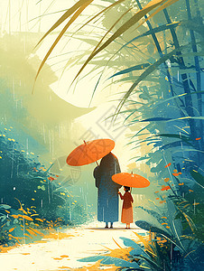 雨中共行的母子插画