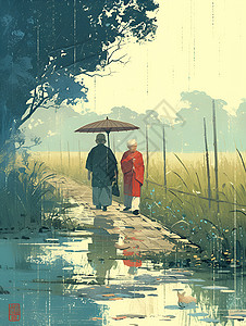 春雨伞下相伴赏景的情侣背景图片