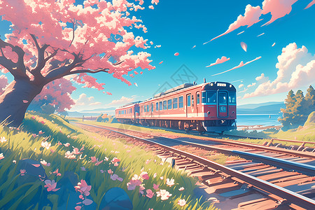 樱花树下粉色火车飞驰背景图片