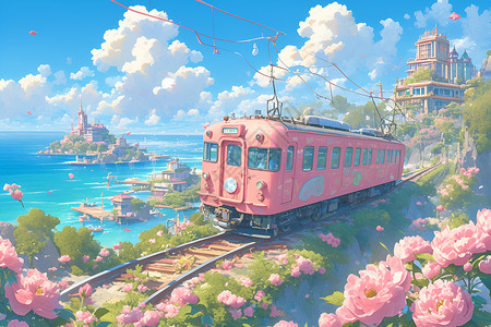 小火车穿行在繁花盛开的童话世界背景图片