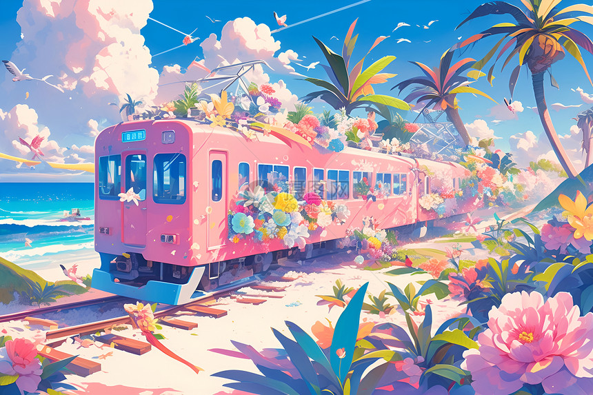 粉红色火车穿过绚丽花海图片
