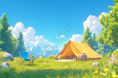 阳光照耀下的野外露营景象背景图片