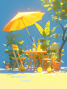 夏日遮阳伞下的桌椅背景图片