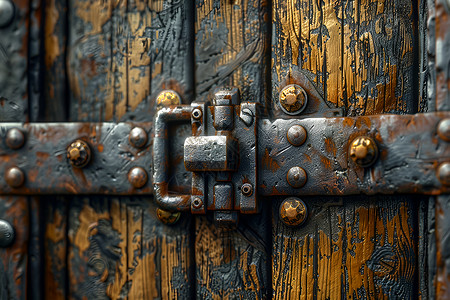 古铜锁锈迹斑斑的木门和锁插画