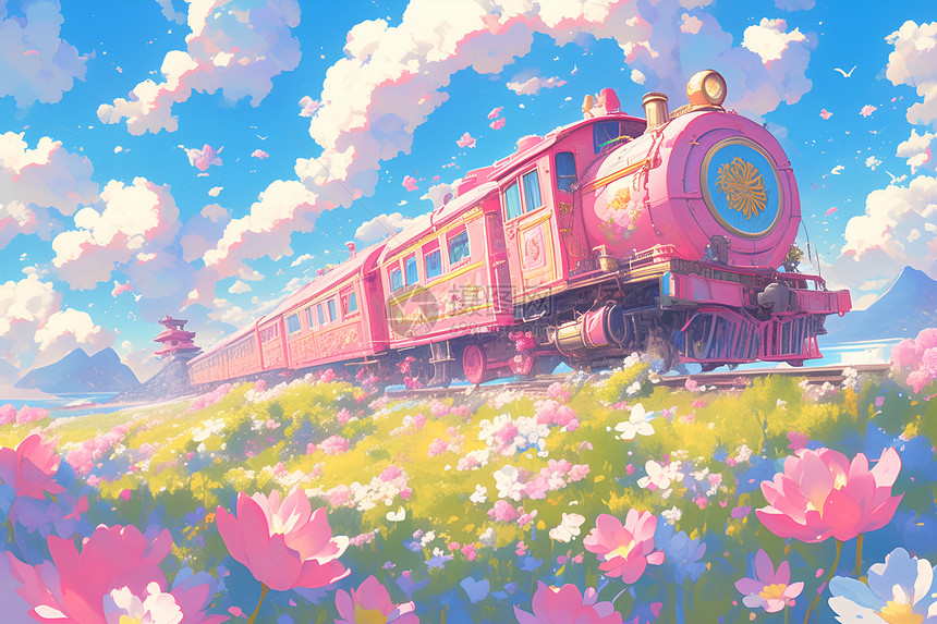 粉色火车穿过盛开的花朵图片