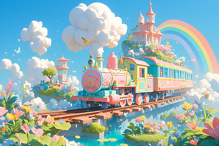 彩虹下的可爱列车高清图片