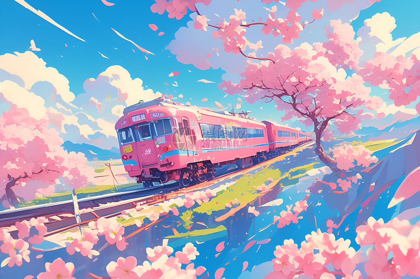 梦幻粉色火车穿越花海图片