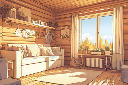 木质梳子田园风光中的木屋插画