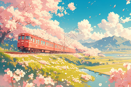 户外火车樱花时节的户外美景插画