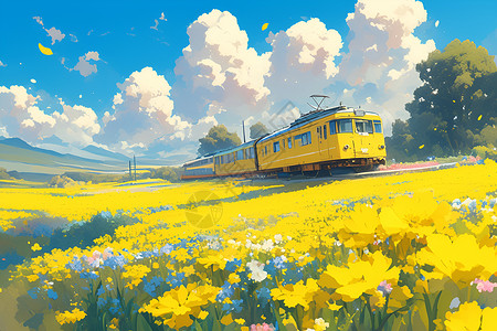 黄色列车穿越油菜花海背景图片