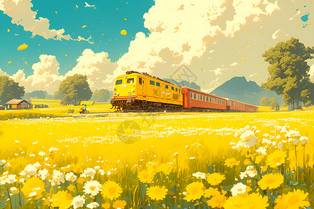 黄色火车黄色列车穿梭在油菜花田插画