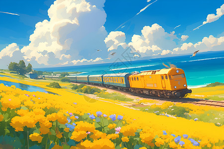黄色火车在油菜花中穿梭背景图片