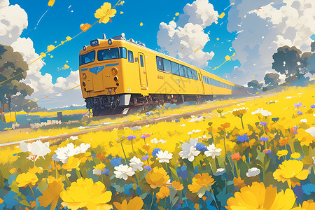 满山花满山遍地油菜花的黄色小火车插画