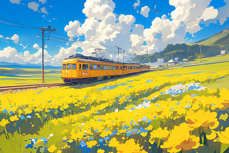 螺丝田油菜花田的黄色火车插画