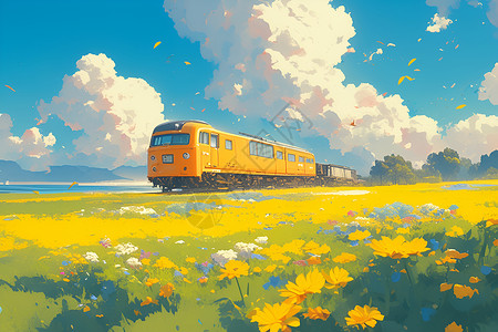 阳光列车穿越油菜花海背景图片