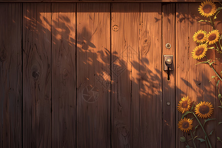 木质木纹阳光拂照门前向日葵插画