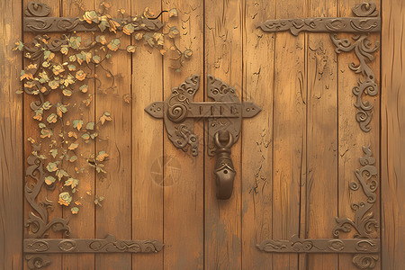 复古厨房木纹古朴木门传统锁饰插画