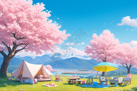 粉色渐变花草粉色樱花下的露营帐篷插画