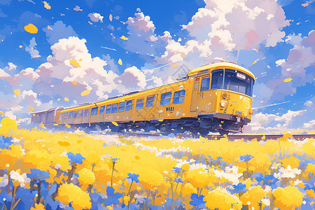 黄色火车穿过油菜花海背景图片
