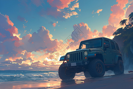 芭提雅海滩沙滩上停着一辆吉普车插画
