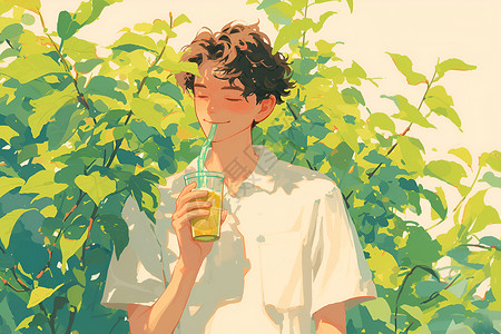 夏日果汁悠然品味柠檬汁的男孩插画