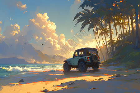 黄金海滩黄金余晖下的海滩吉普车插画