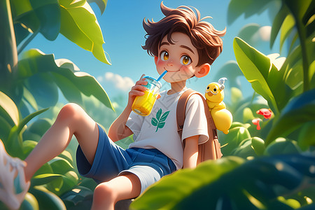 卡通柠檬汁小男孩在丛林中品尝柠檬汁插画